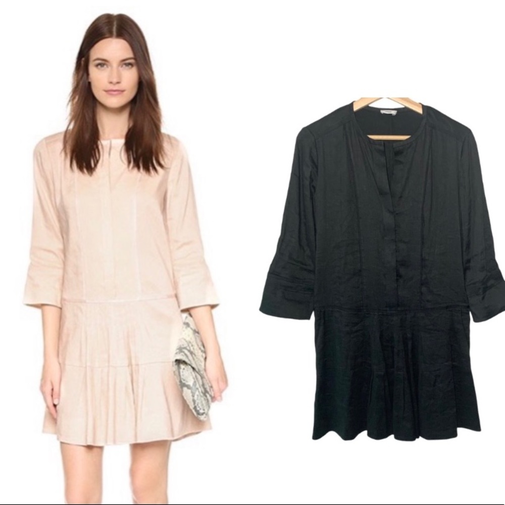 NEW Vince Pleated Linen Drop Waist Mini Dress Black 2